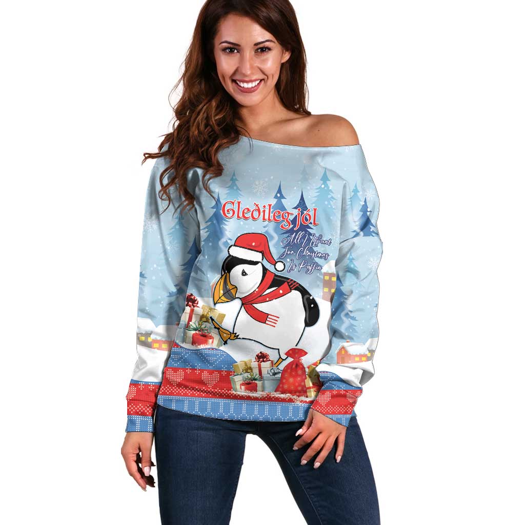 Personalised Puffin Iceland Christmas Off Shoulder Sweater Merry Xmas Winter Vibes - Wonder Print Shop