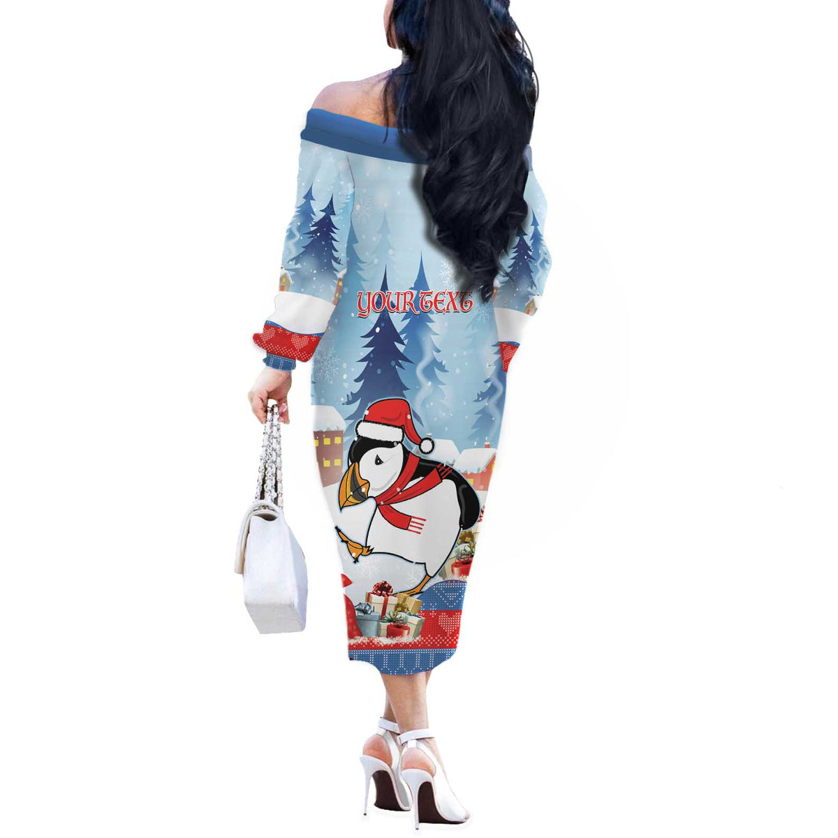 Personalised Puffin Iceland Christmas Off The Shoulder Long Sleeve Dress Merry Xmas Winter Vibes - Wonder Print Shop