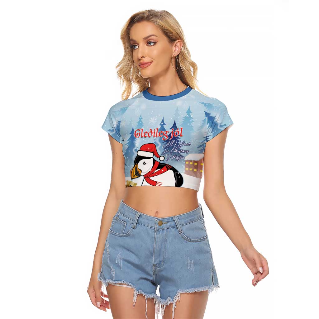 Personalised Puffin Iceland Christmas Raglan Cropped T Shirt Merry Xmas Winter Vibes - Wonder Print Shop