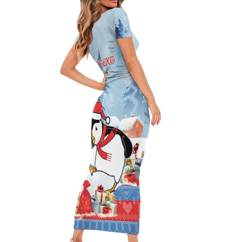 Personalised Puffin Iceland Christmas Short Sleeve Bodycon Dress Merry Xmas Winter Vibes - Wonder Print Shop