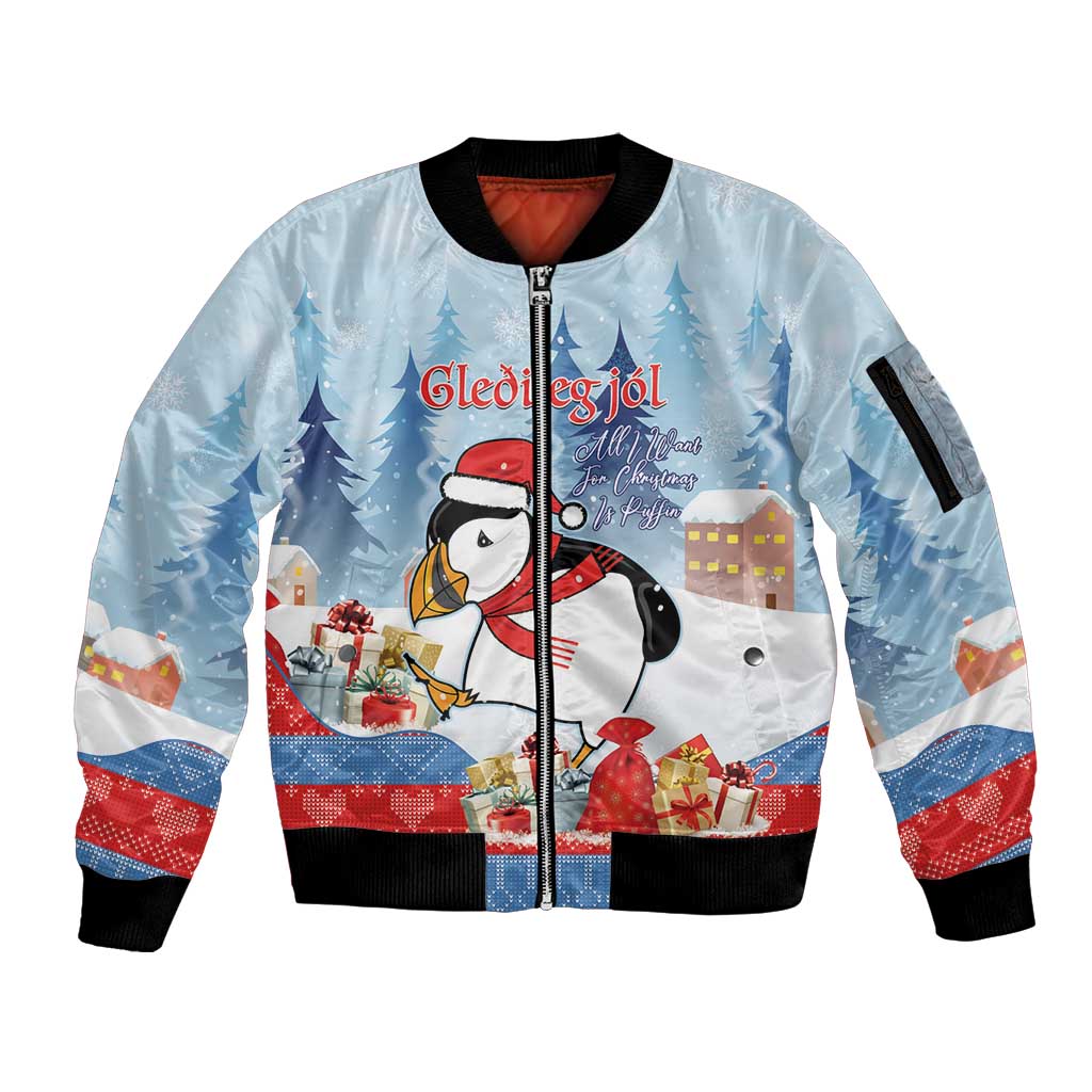 Personalised Puffin Iceland Christmas Sleeve Zip Bomber Jacket Merry Xmas Winter Vibes - Wonder Print Shop