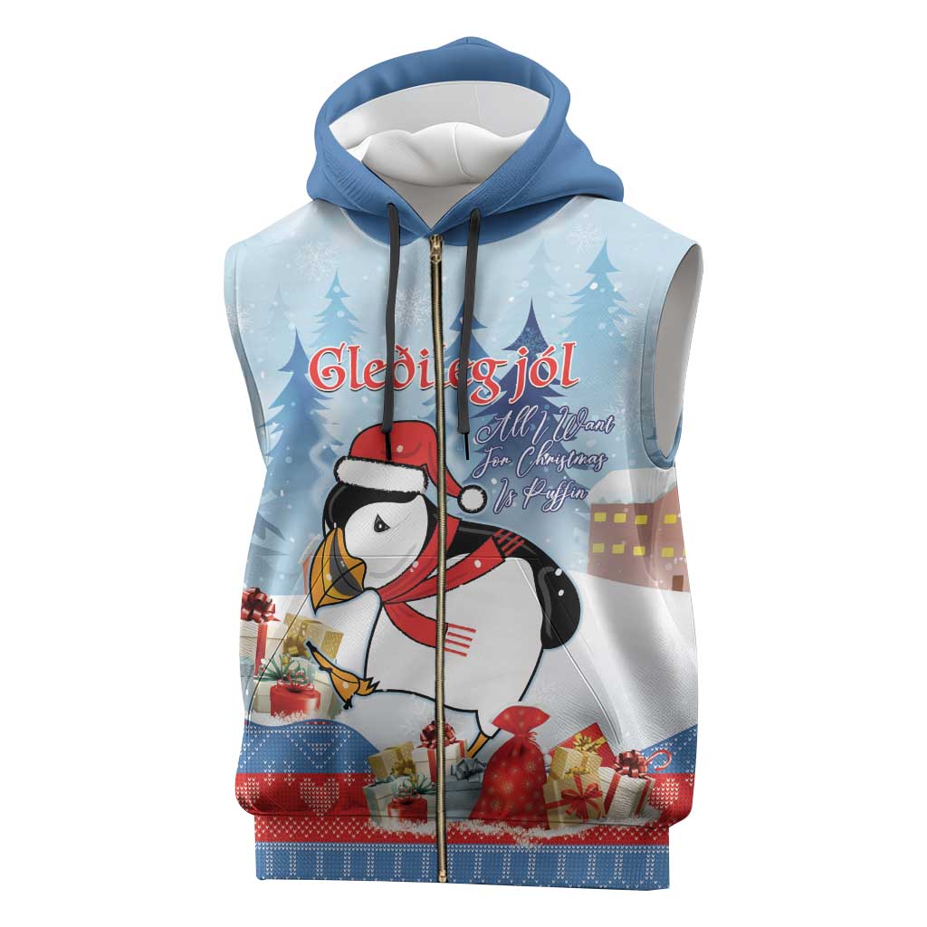 Personalised Puffin Iceland Christmas Sleeveless Zip Hoodie Merry Xmas Winter Vibes - Wonder Print Shop