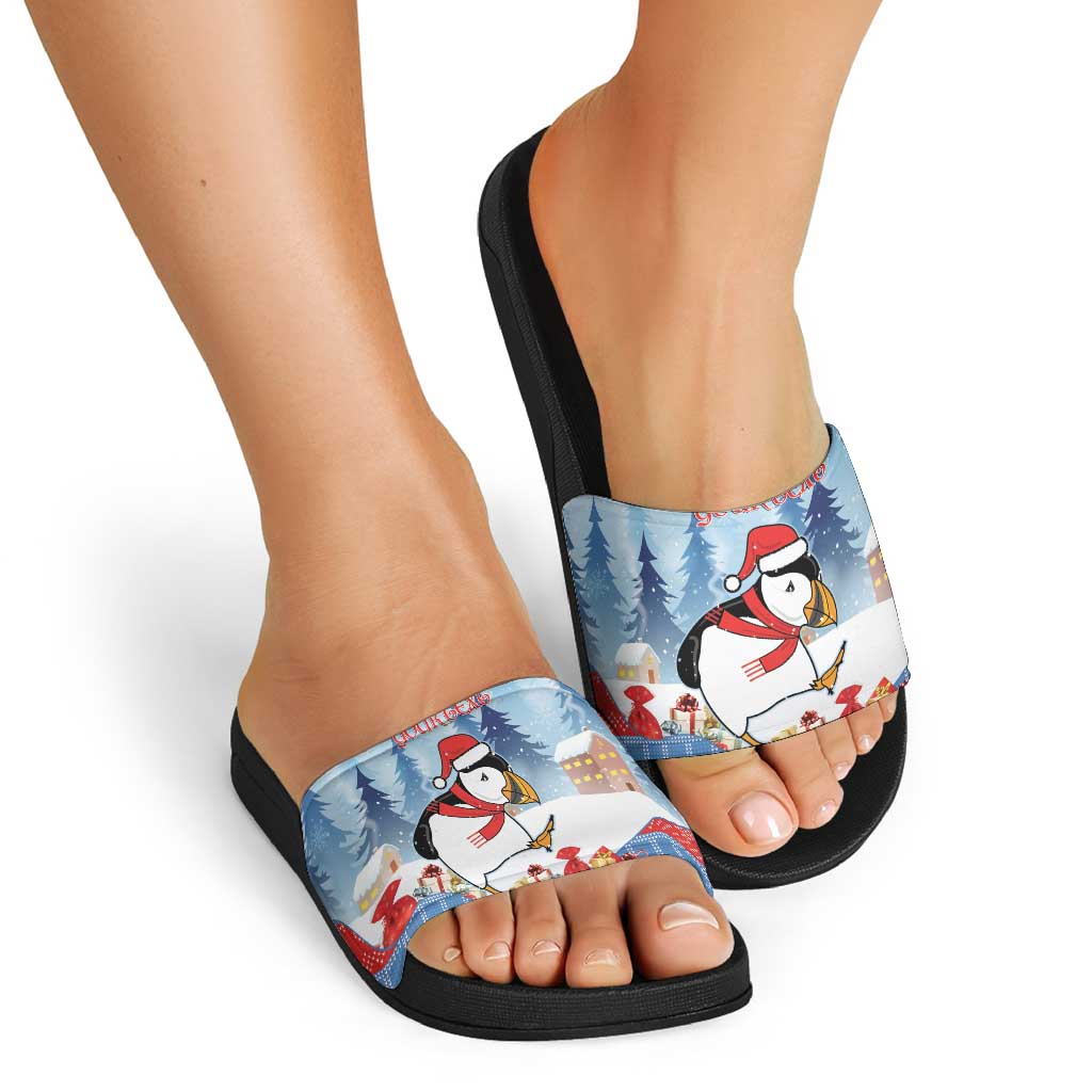 Personalised Puffin Iceland Christmas Slide Sandals Merry Xmas Winter Vibes - Wonder Print Shop