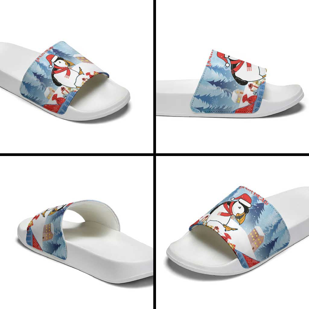 Personalised Puffin Iceland Christmas Slide Sandals Merry Xmas Winter Vibes - Wonder Print Shop