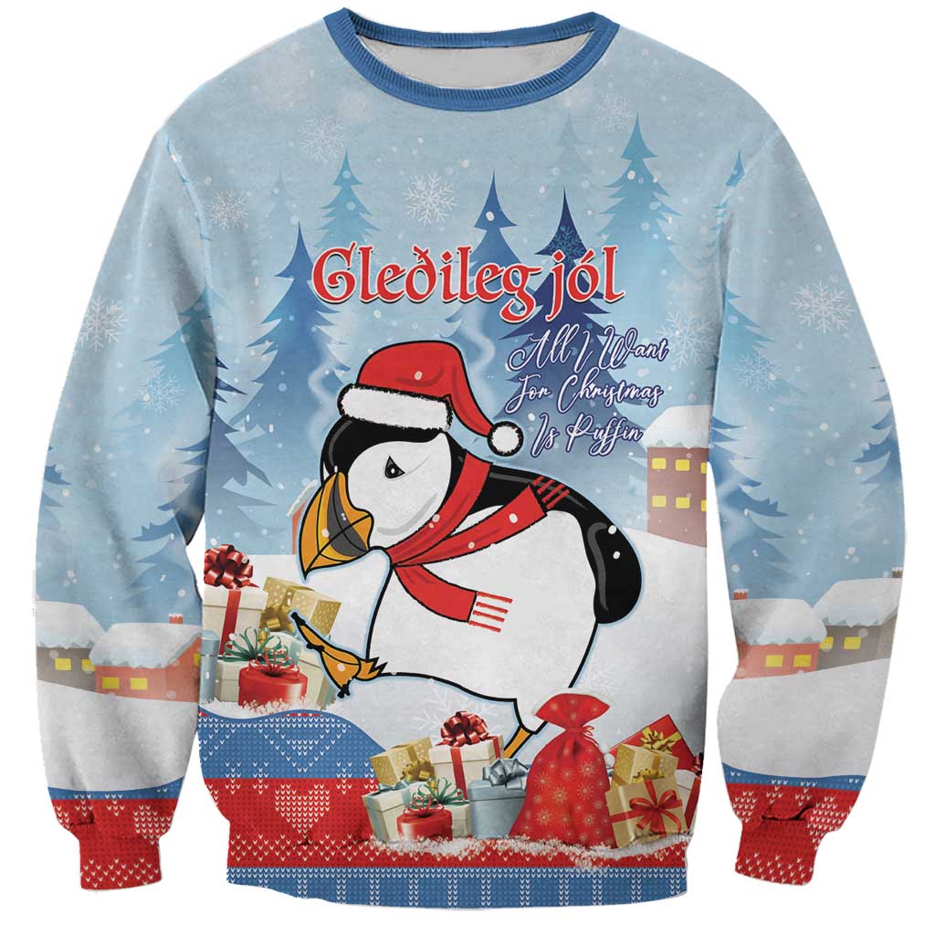 Personalised Puffin Iceland Christmas Sweatshirt Merry Xmas Winter Vibes - Wonder Print Shop