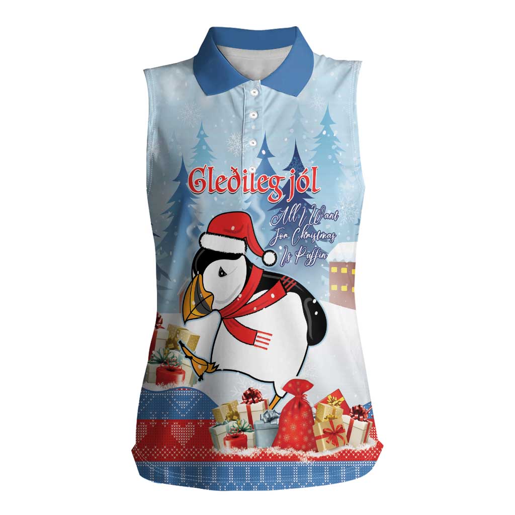 Personalised Puffin Iceland Christmas Women Sleeveless Polo Shirt Merry Xmas Winter Vibes - Wonder Print Shop