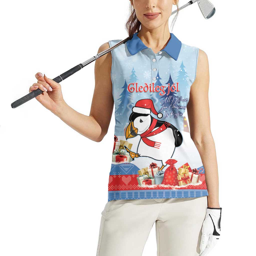Personalised Puffin Iceland Christmas Women Sleeveless Polo Shirt Merry Xmas Winter Vibes - Wonder Print Shop