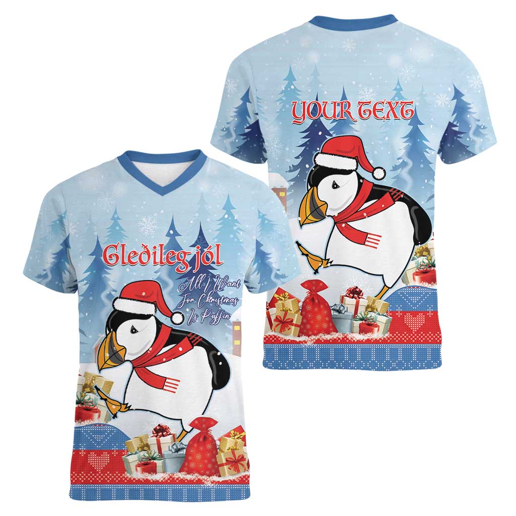 Personalised Puffin Iceland Christmas Women V-Neck T-Shirt Merry Xmas Winter Vibes - Wonder Print Shop