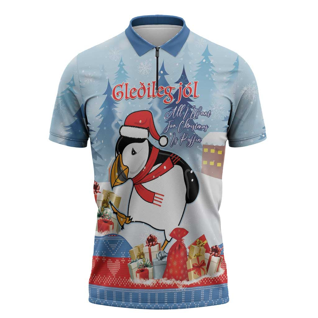 Personalised Puffin Iceland Christmas Zipper Polo Shirt Merry Xmas Winter Vibes - Wonder Print Shop