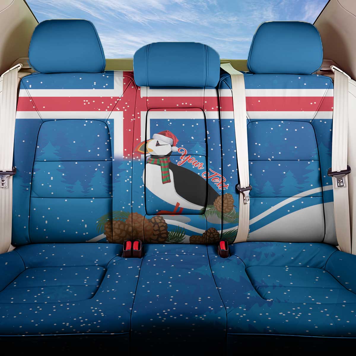 Personalised Iceland Christmas Back Car Seat Cover Puffin Santa Winter Flag Style - Wonder Print Shop