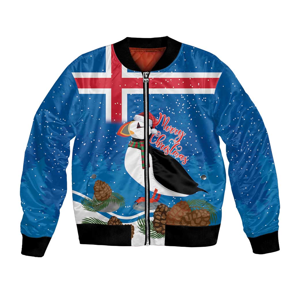 Personalised Iceland Christmas Bomber Jacket Puffin Santa Winter Flag Style - Wonder Print Shop
