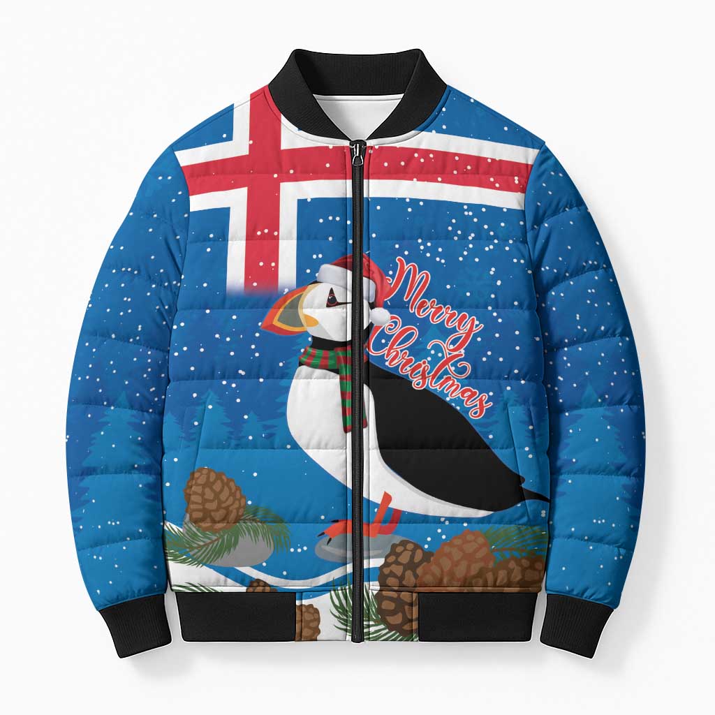 Personalised Iceland Christmas Bomber Puffer Jacket Puffin Santa Winter Flag Style - Wonder Print Shop