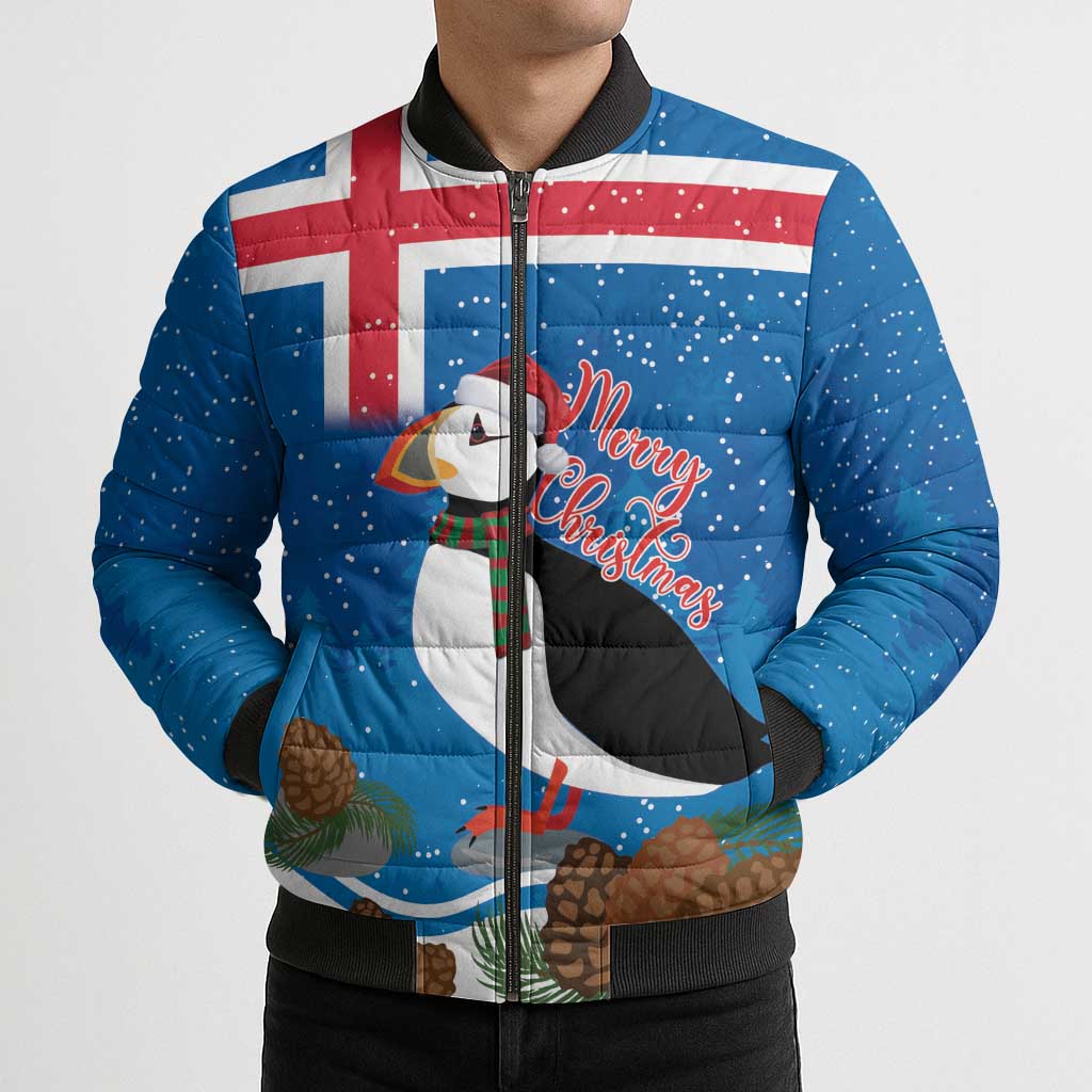 Personalised Iceland Christmas Bomber Puffer Jacket Puffin Santa Winter Flag Style - Wonder Print Shop