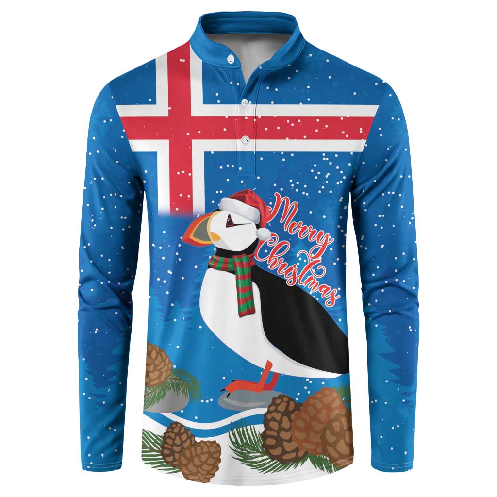 Personalised Iceland Christmas Button Sweatshirt Puffin Santa Winter Flag Style - Wonder Print Shop