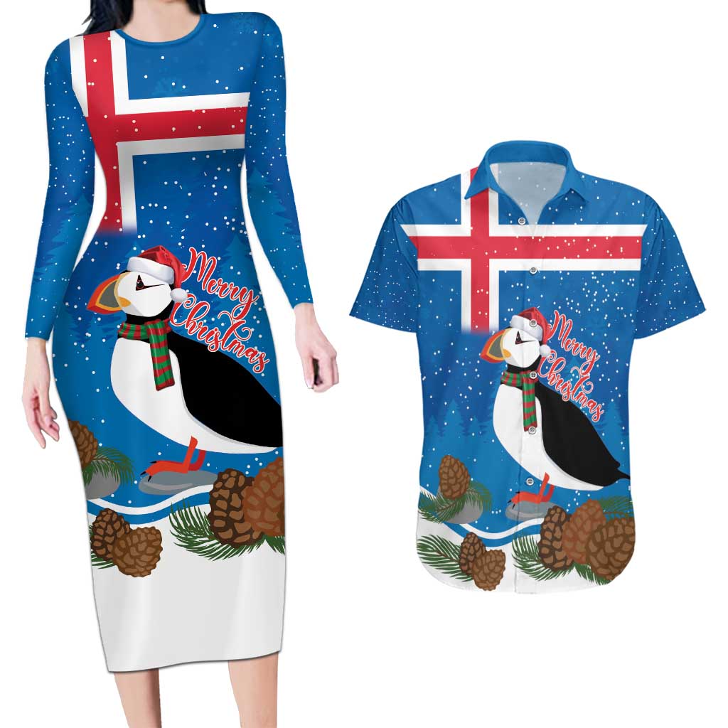 Personalised Iceland Christmas Couples Matching Long Sleeve Bodycon Dress and Hawaiian Shirt Puffin Santa Winter Flag Style - Wonder Print Shop