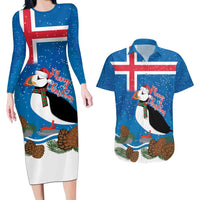 Personalised Iceland Christmas Couples Matching Long Sleeve Bodycon Dress and Hawaiian Shirt Puffin Santa Winter Flag Style - Wonder Print Shop