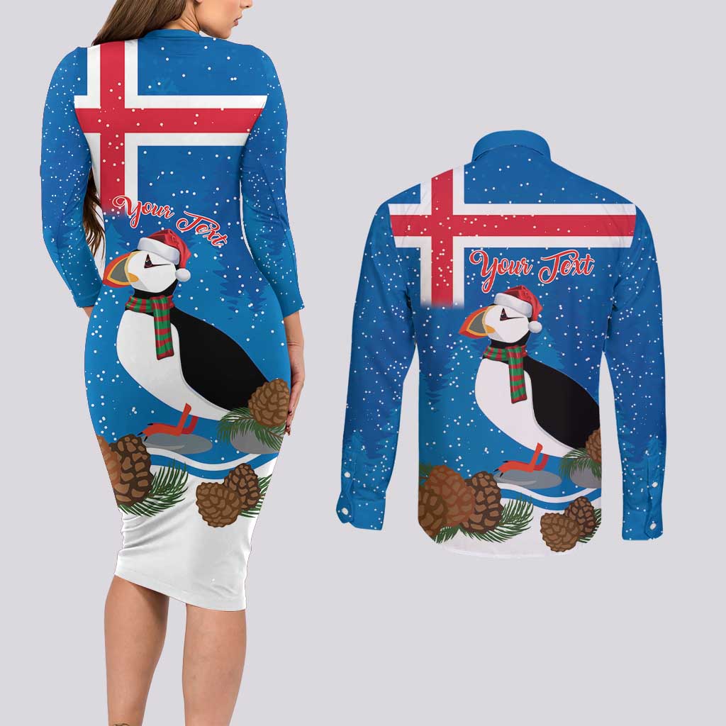Personalised Iceland Christmas Couples Matching Long Sleeve Bodycon Dress and Long Sleeve Button Shirt Puffin Santa Winter Flag Style - Wonder Print Shop