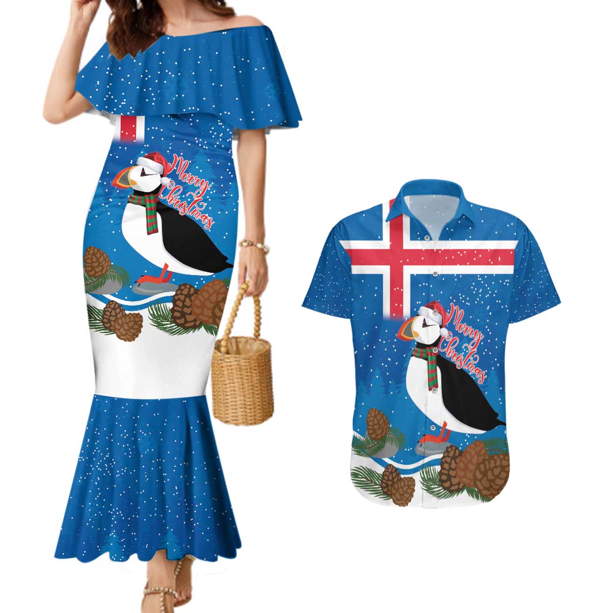 Personalised Iceland Christmas Couples Matching Mermaid Dress and Hawaiian Shirt Puffin Santa Winter Flag Style - Wonder Print Shop