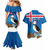 Personalised Iceland Christmas Couples Matching Mermaid Dress and Hawaiian Shirt Puffin Santa Winter Flag Style - Wonder Print Shop