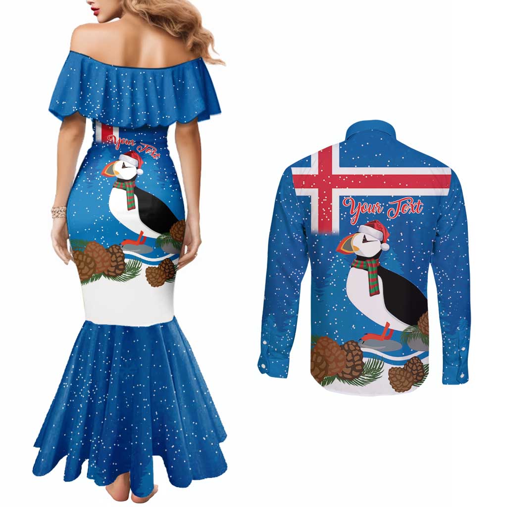 Personalised Iceland Christmas Couples Matching Mermaid Dress and Long Sleeve Button Shirt Puffin Santa Winter Flag Style - Wonder Print Shop