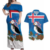 Personalised Iceland Christmas Couples Matching Off Shoulder Maxi Dress and Hawaiian Shirt Puffin Santa Winter Flag Style - Wonder Print Shop