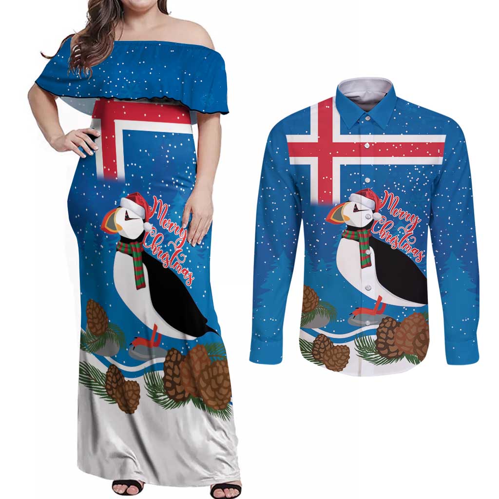 Personalised Iceland Christmas Couples Matching Off Shoulder Maxi Dress and Long Sleeve Button Shirt Puffin Santa Winter Flag Style - Wonder Print Shop