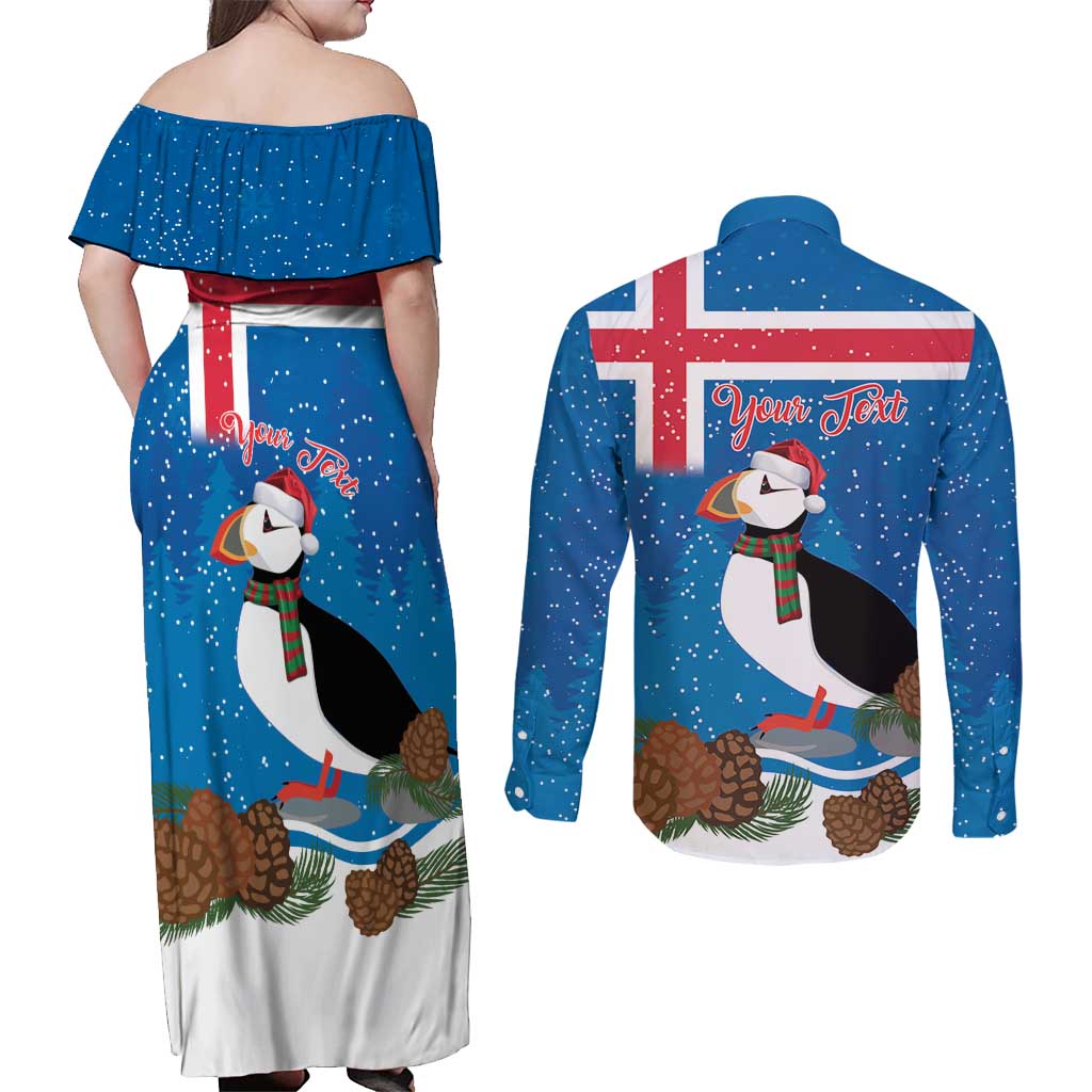 Personalised Iceland Christmas Couples Matching Off Shoulder Maxi Dress and Long Sleeve Button Shirt Puffin Santa Winter Flag Style - Wonder Print Shop