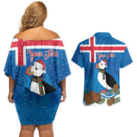 Personalised Iceland Christmas Couples Matching Off Shoulder Short Dress and Hawaiian Shirt Puffin Santa Winter Flag Style - Wonder Print Shop