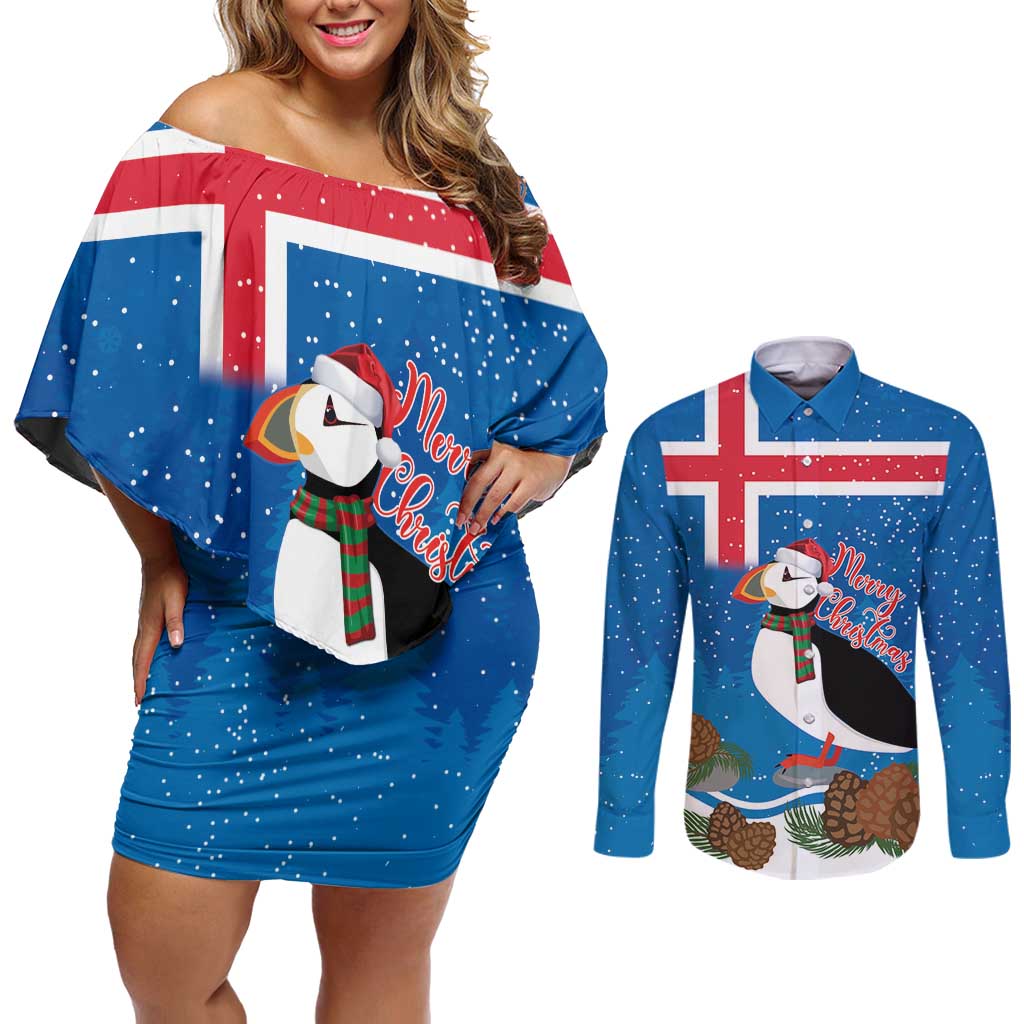 Personalised Iceland Christmas Couples Matching Off Shoulder Short Dress and Long Sleeve Button Shirt Puffin Santa Winter Flag Style - Wonder Print Shop