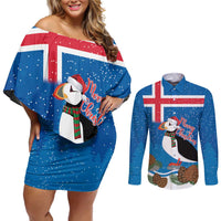 Personalised Iceland Christmas Couples Matching Off Shoulder Short Dress and Long Sleeve Button Shirt Puffin Santa Winter Flag Style - Wonder Print Shop