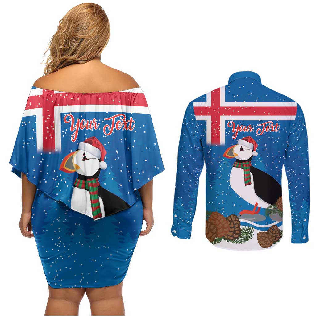 Personalised Iceland Christmas Couples Matching Off Shoulder Short Dress and Long Sleeve Button Shirt Puffin Santa Winter Flag Style - Wonder Print Shop