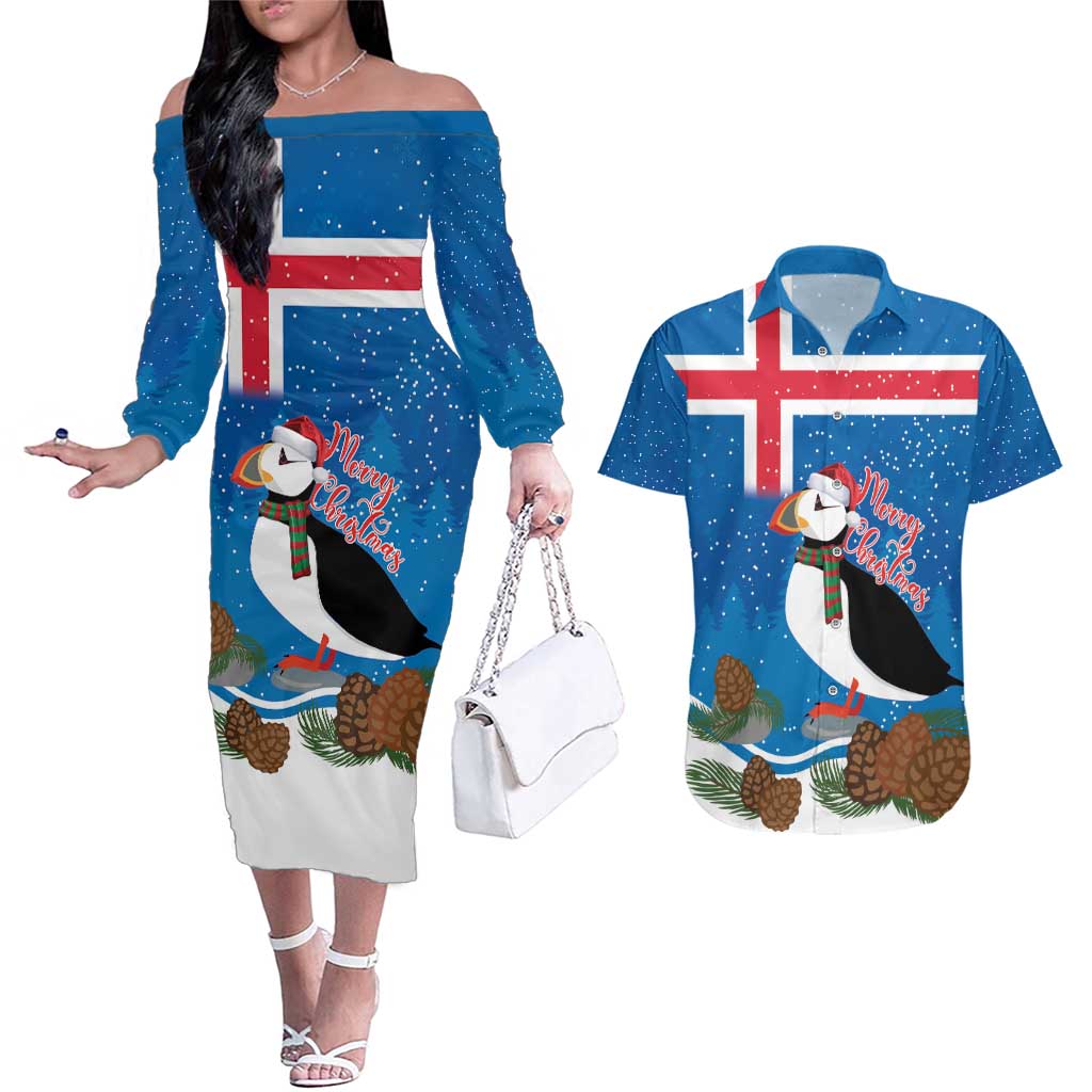 Personalised Iceland Christmas Couples Matching Off The Shoulder Long Sleeve Dress and Hawaiian Shirt Puffin Santa Winter Flag Style - Wonder Print Shop