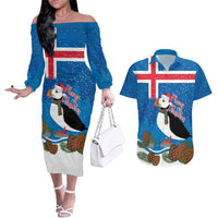 Personalised Iceland Christmas Couples Matching Off The Shoulder Long Sleeve Dress and Hawaiian Shirt Puffin Santa Winter Flag Style - Wonder Print Shop