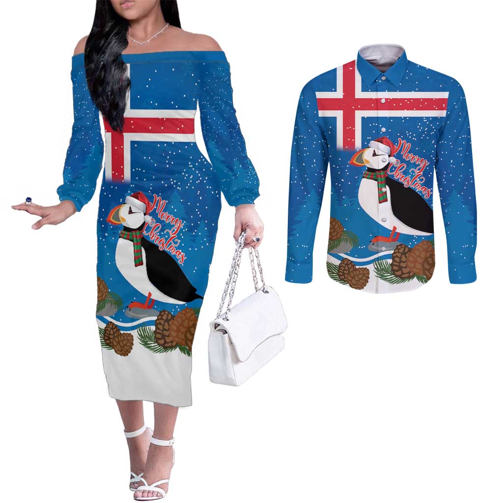 Personalised Iceland Christmas Couples Matching Off The Shoulder Long Sleeve Dress and Long Sleeve Button Shirt Puffin Santa Winter Flag Style - Wonder Print Shop
