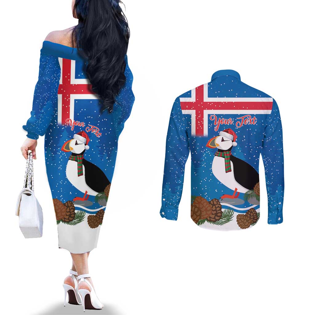 Personalised Iceland Christmas Couples Matching Off The Shoulder Long Sleeve Dress and Long Sleeve Button Shirt Puffin Santa Winter Flag Style - Wonder Print Shop