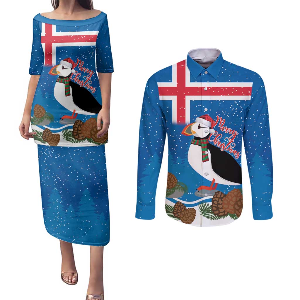 Personalised Iceland Christmas Couples Matching Puletasi and Long Sleeve Button Shirt Puffin Santa Winter Flag Style - Wonder Print Shop
