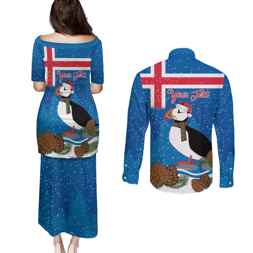 Personalised Iceland Christmas Couples Matching Puletasi and Long Sleeve Button Shirt Puffin Santa Winter Flag Style - Wonder Print Shop