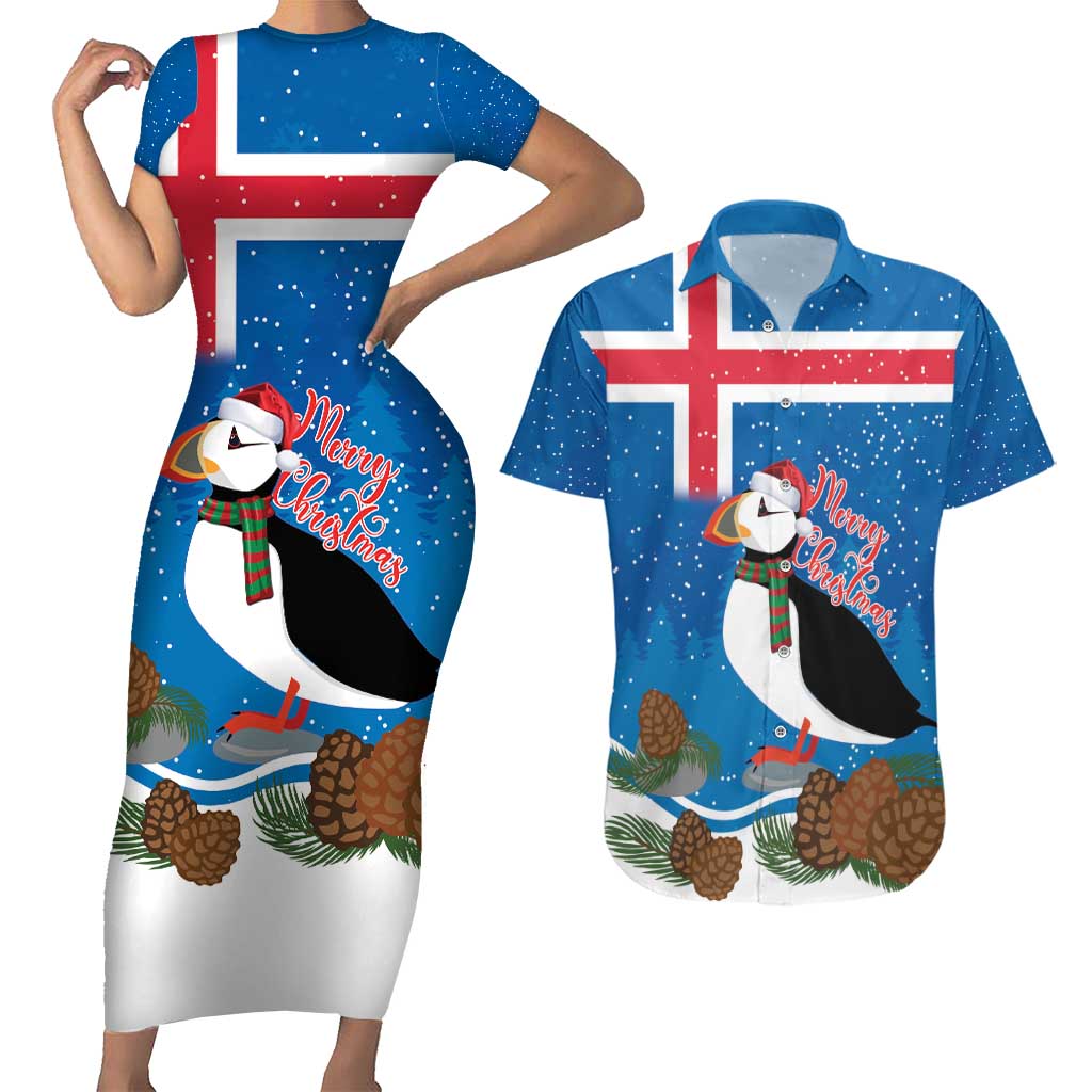 Personalised Iceland Christmas Couples Matching Short Sleeve Bodycon Dress and Hawaiian Shirt Puffin Santa Winter Flag Style - Wonder Print Shop
