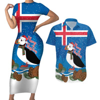 Personalised Iceland Christmas Couples Matching Short Sleeve Bodycon Dress and Hawaiian Shirt Puffin Santa Winter Flag Style - Wonder Print Shop