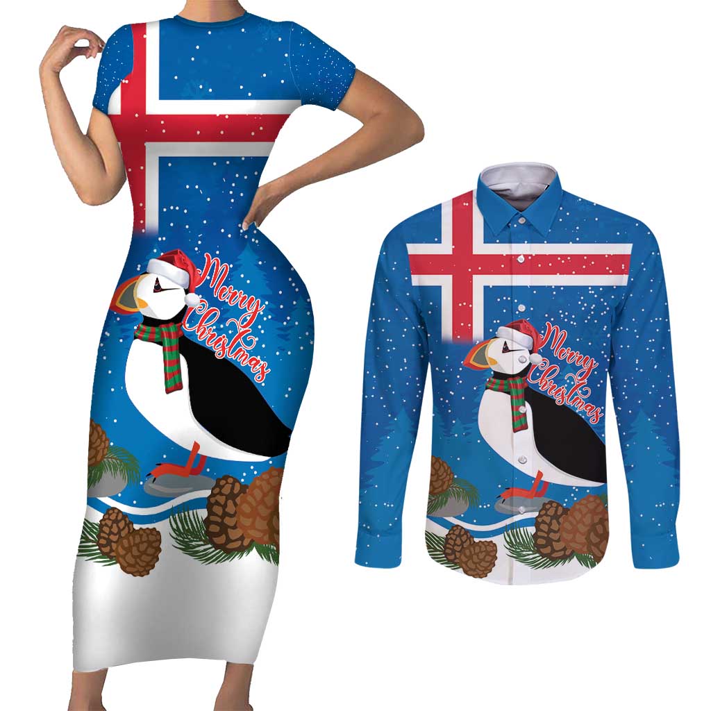 Personalised Iceland Christmas Couples Matching Short Sleeve Bodycon Dress and Long Sleeve Button Shirt Puffin Santa Winter Flag Style - Wonder Print Shop