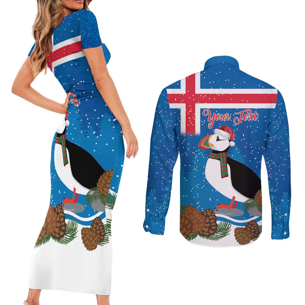 Personalised Iceland Christmas Couples Matching Short Sleeve Bodycon Dress and Long Sleeve Button Shirt Puffin Santa Winter Flag Style - Wonder Print Shop