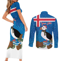 Personalised Iceland Christmas Couples Matching Short Sleeve Bodycon Dress and Long Sleeve Button Shirt Puffin Santa Winter Flag Style - Wonder Print Shop