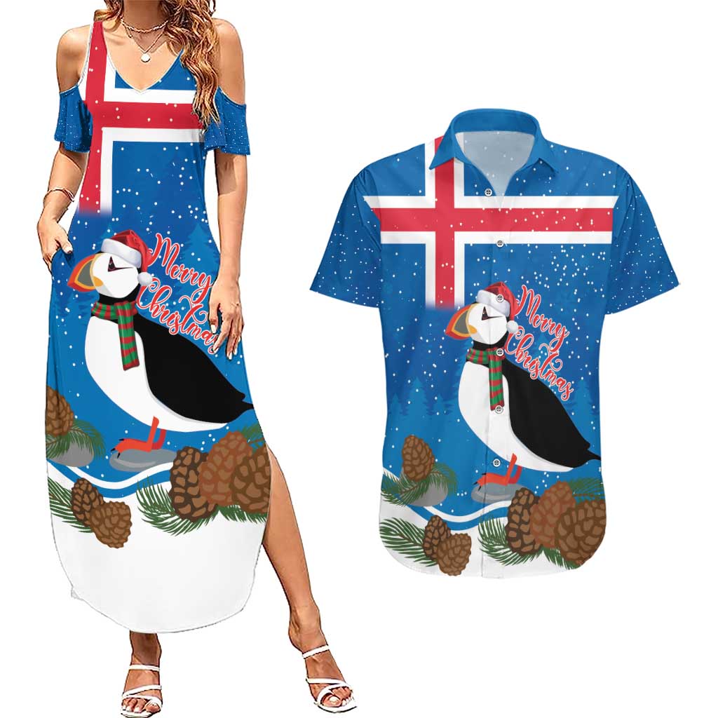 Personalised Iceland Christmas Couples Matching Summer Maxi Dress and Hawaiian Shirt Puffin Santa Winter Flag Style - Wonder Print Shop