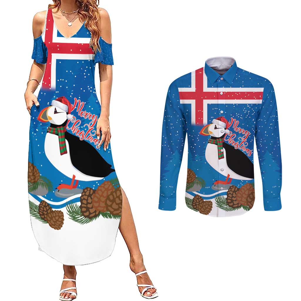 Personalised Iceland Christmas Couples Matching Summer Maxi Dress and Long Sleeve Button Shirt Puffin Santa Winter Flag Style - Wonder Print Shop