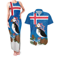 Personalised Iceland Christmas Couples Matching Tank Maxi Dress and Hawaiian Shirt Puffin Santa Winter Flag Style - Wonder Print Shop