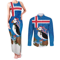Personalised Iceland Christmas Couples Matching Tank Maxi Dress and Long Sleeve Button Shirt Puffin Santa Winter Flag Style - Wonder Print Shop