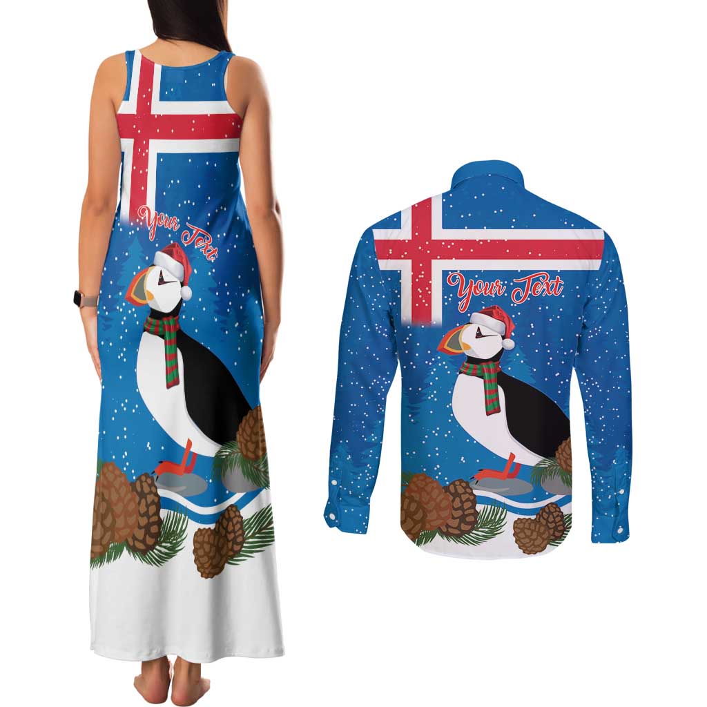 Personalised Iceland Christmas Couples Matching Tank Maxi Dress and Long Sleeve Button Shirt Puffin Santa Winter Flag Style - Wonder Print Shop