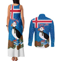Personalised Iceland Christmas Couples Matching Tank Maxi Dress and Long Sleeve Button Shirt Puffin Santa Winter Flag Style - Wonder Print Shop
