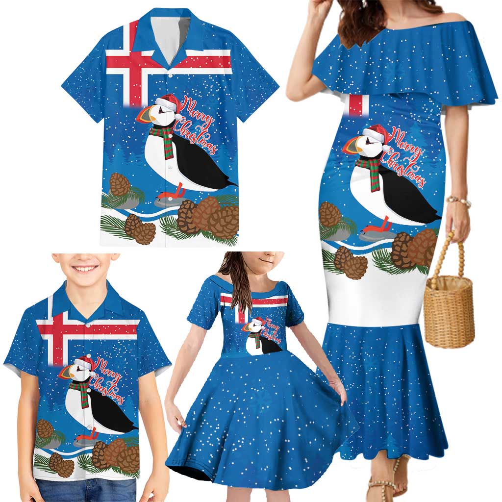 Personalised Iceland Christmas Family Matching Mermaid Dress and Hawaiian Shirt Puffin Santa Winter Flag Style - Wonder Print Shop