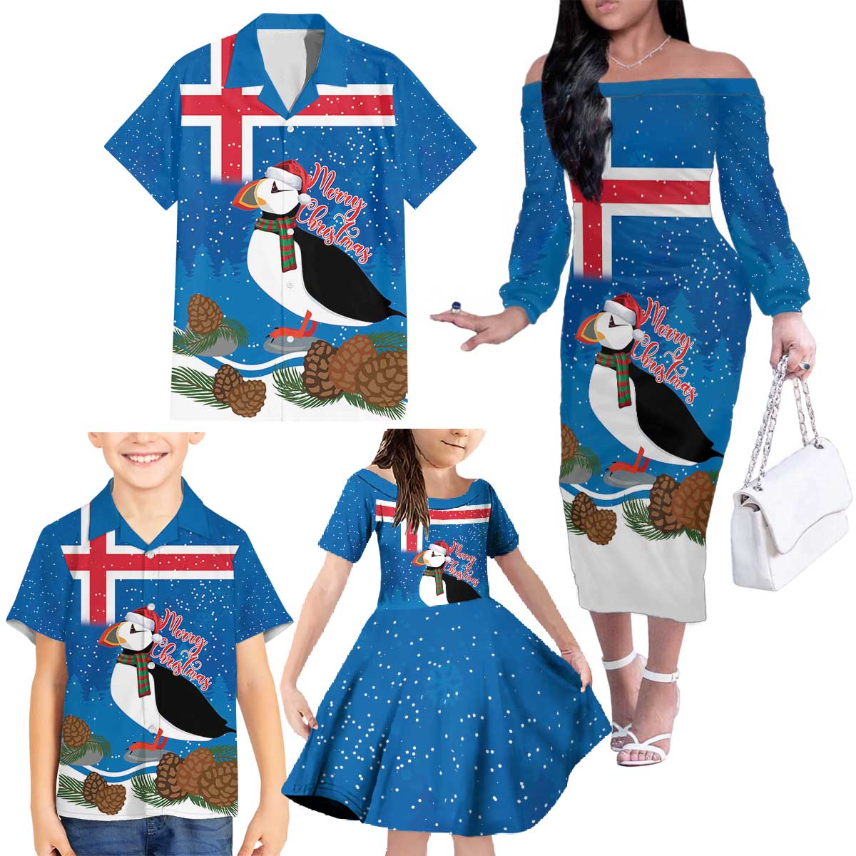 Personalised Iceland Christmas Family Matching Off The Shoulder Long Sleeve Dress and Hawaiian Shirt Puffin Santa Winter Flag Style - Wonder Print Shop